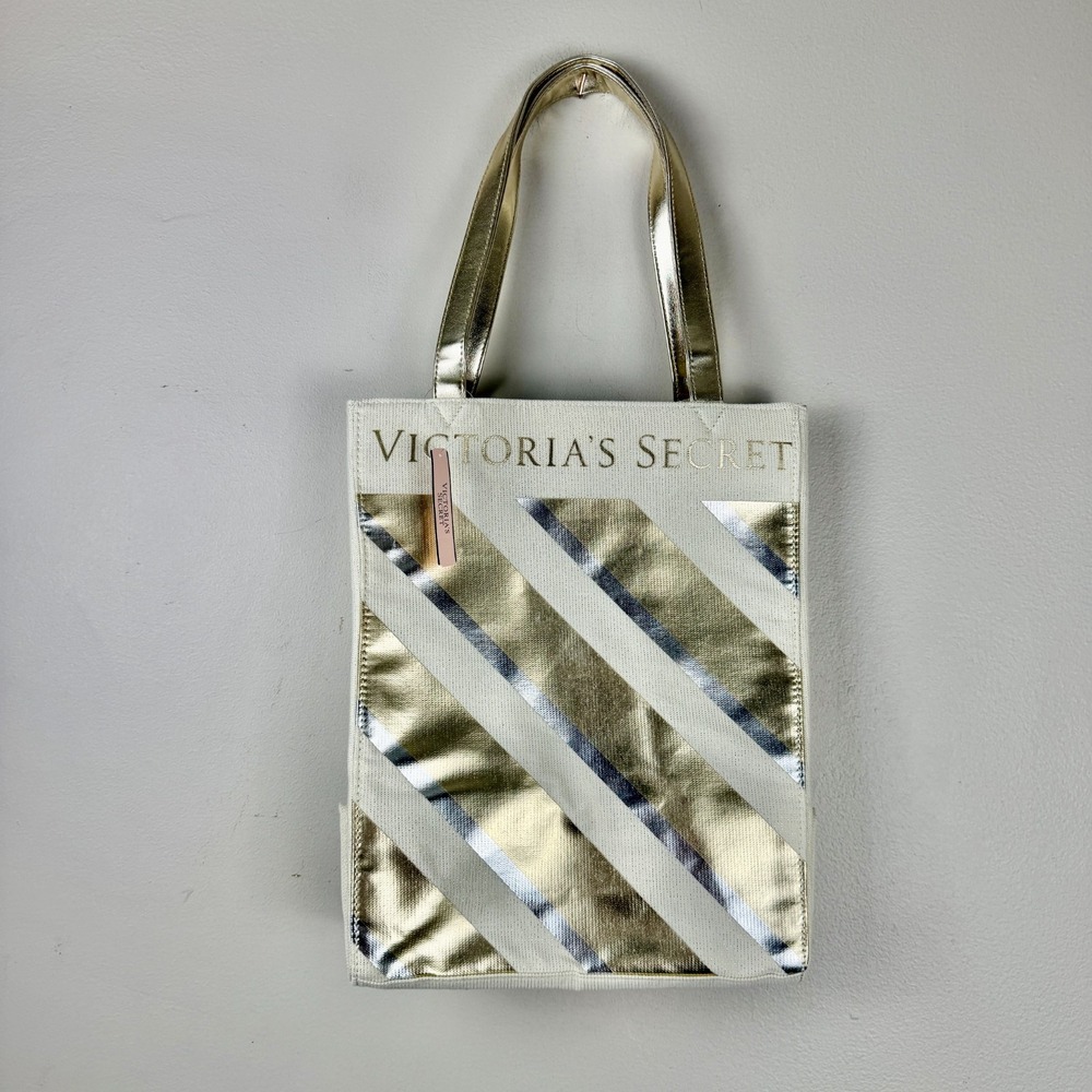 Victoria's Secret Tote Bag Women's Ivory Gold Striped Canvas Weekender Handbag